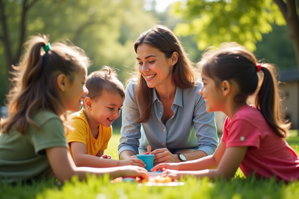Professionnel soutenant des enfants lors d une activité en plein air