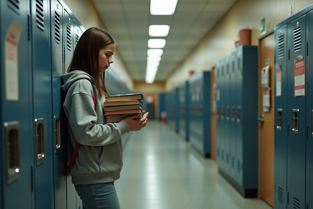 Adolescente dans un couloir de lycée avec un livre à la main