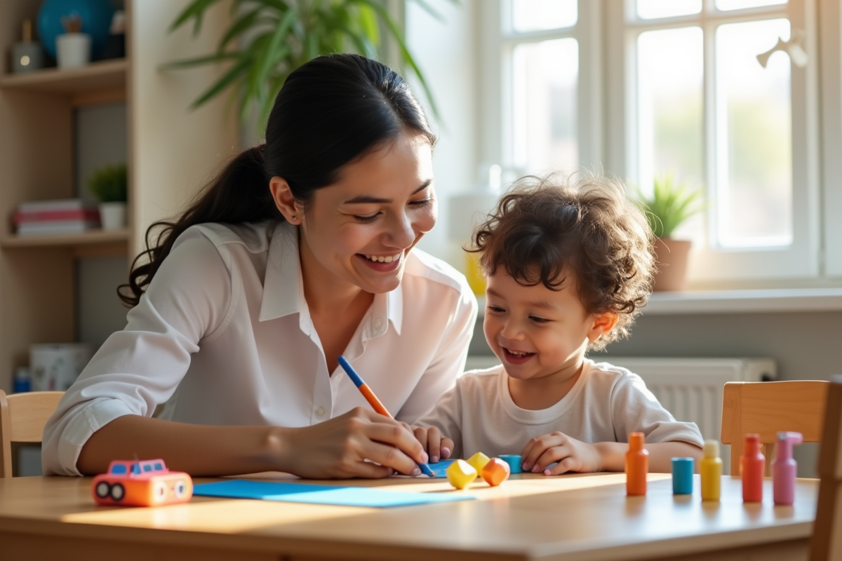 Travailleur social aidant un enfant avec besoins spéciaux