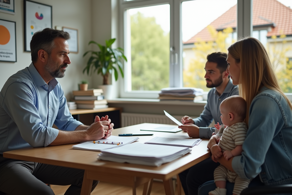 Travailleur social expliquant des papiers à un couple avec bébé