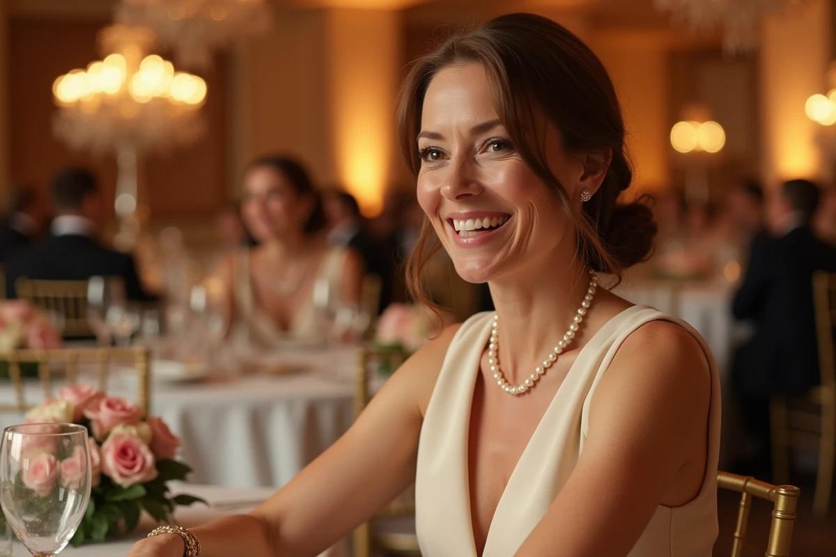 Femme élégante souriante lors d'une cérémonie hollywoodienne, représentant Alexis Knief dans l'univers des événements de l'industrie du cinéma