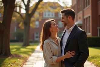 Couple élégant sur un campus universitaire américain en automne, évoquant les débuts de la relation entre Alexis Knief et Timothy Olyphant