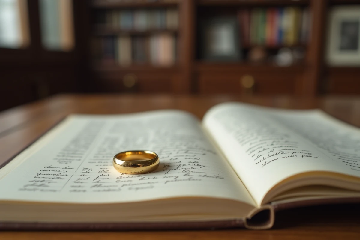 Alliances posées sur un registre de mariage ouvert dans un bureau administratif, symbolisant union et séparation conjugale