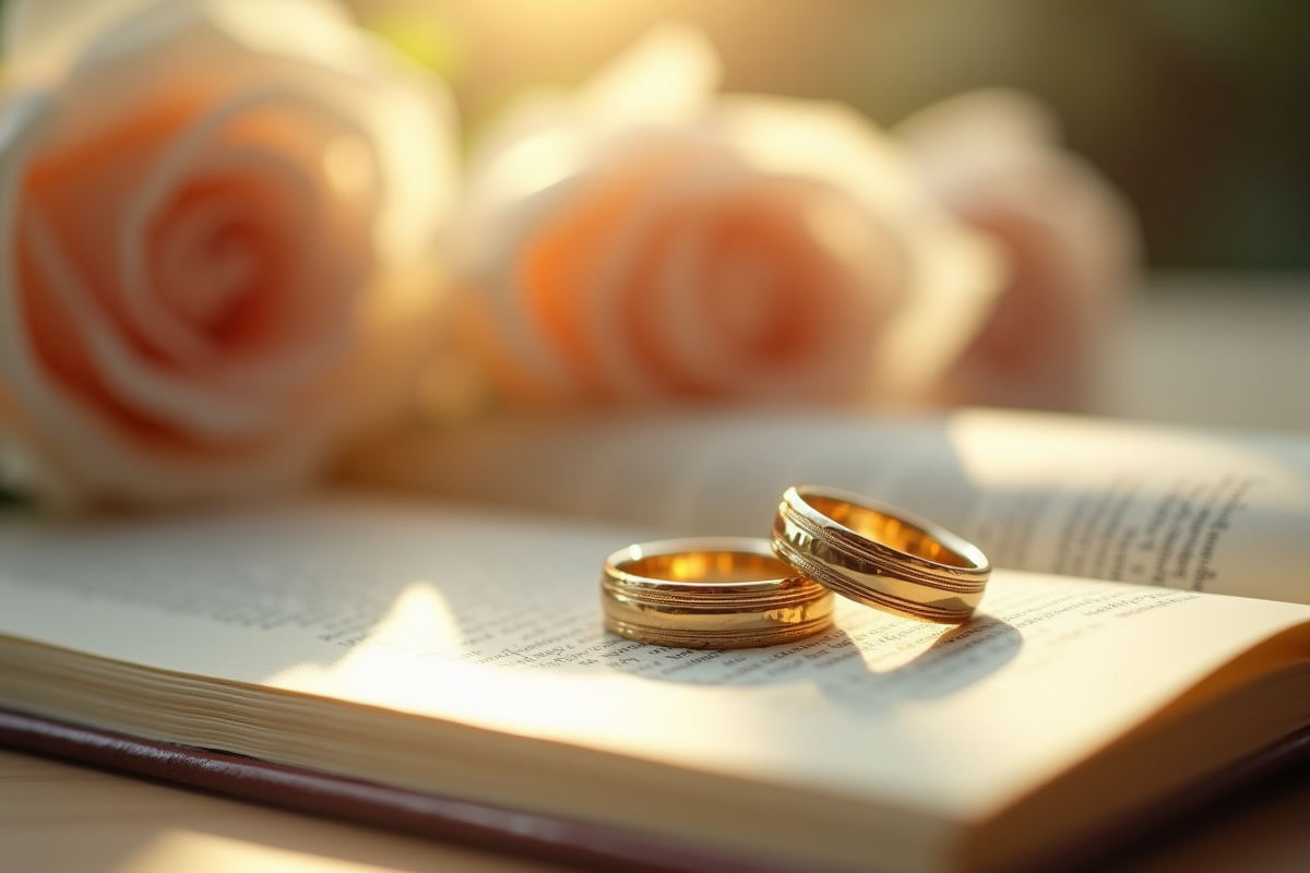 Alliances en or sur livre ouvert avec roses pâles