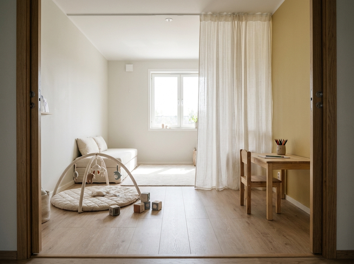 Chambre partagée enfants aménagée avec un espace jeux bébé et un coin bureau séparés par un rideau en coton