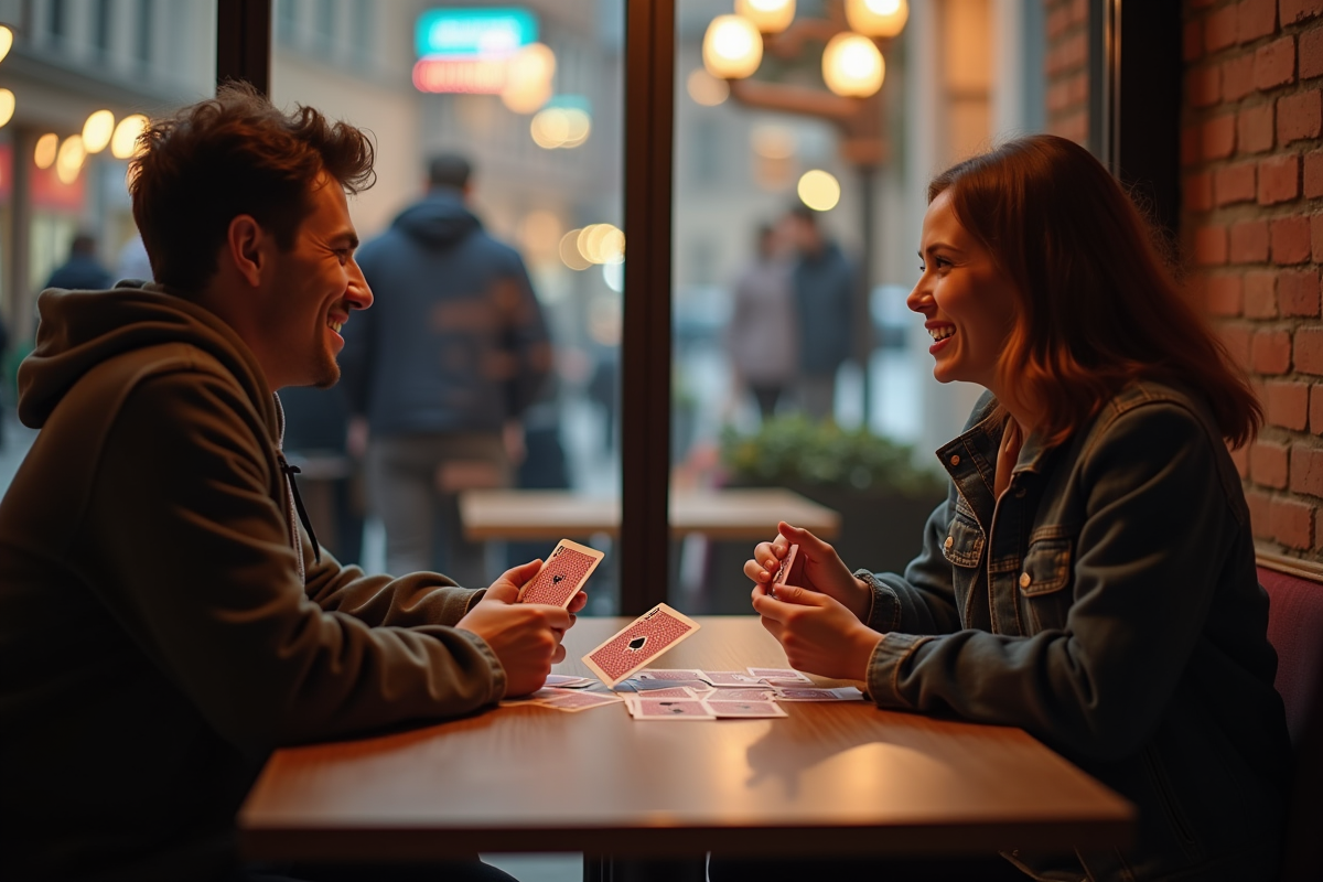 Amis jouant à un jeu de cartes dans un café lumineux