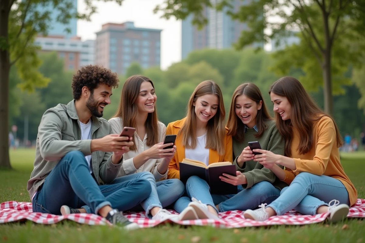 Jeunes amis planifiant un week-end dans un parc urbain