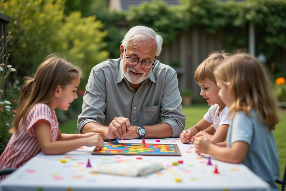 Grand-père animant un jeu de société en plein air avec ses petits-enfants lors d'une fête d'anniversaire