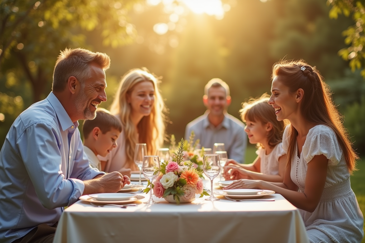 Famille heureuse célébrant leur anniversaire dans le jardin