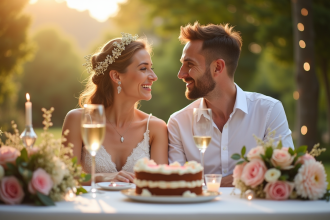 Couple célébrant leur troisième anniversaire dans un jardin ensoleille