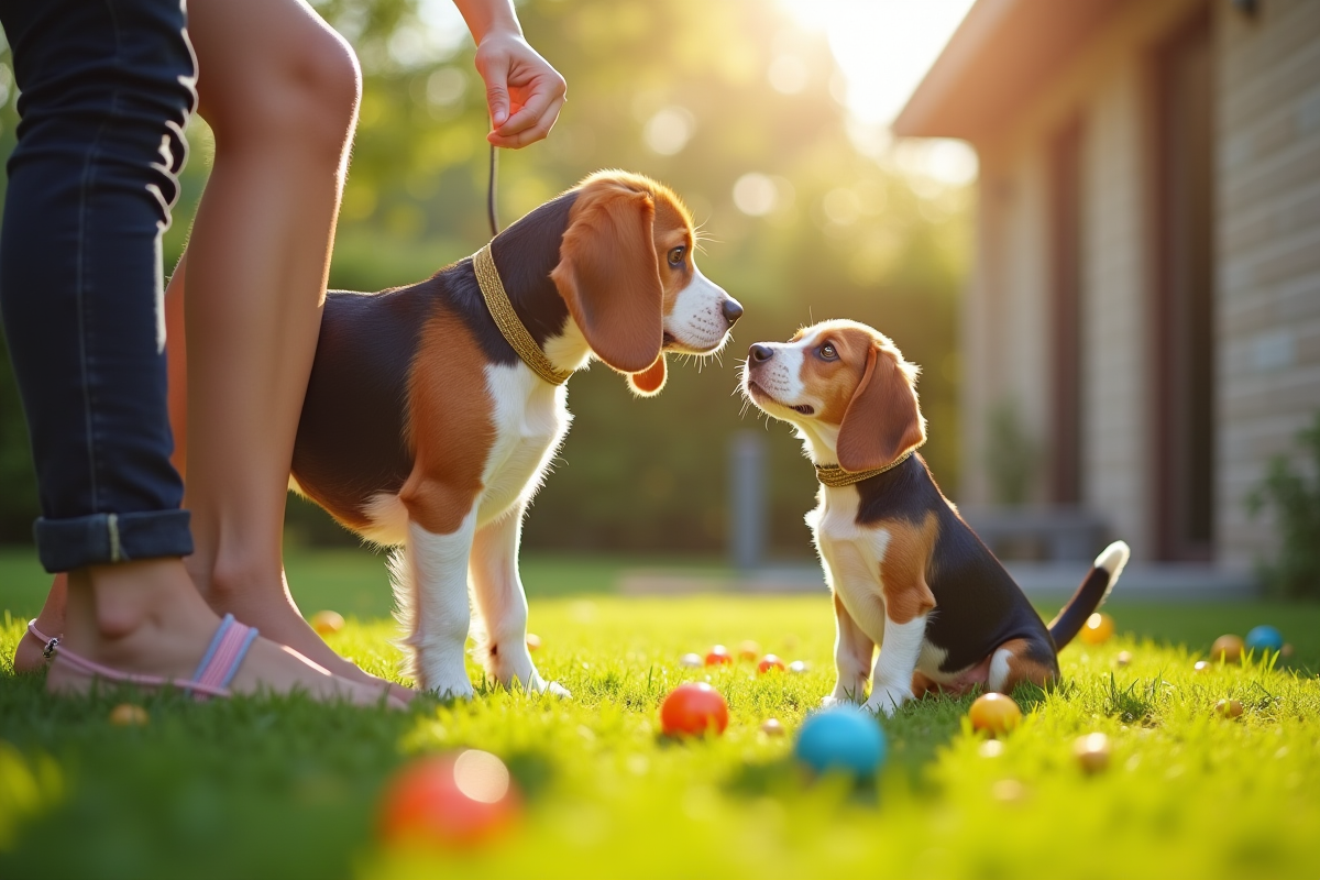 Beagle Lemon apprenant commandes dans jardin ensoleille