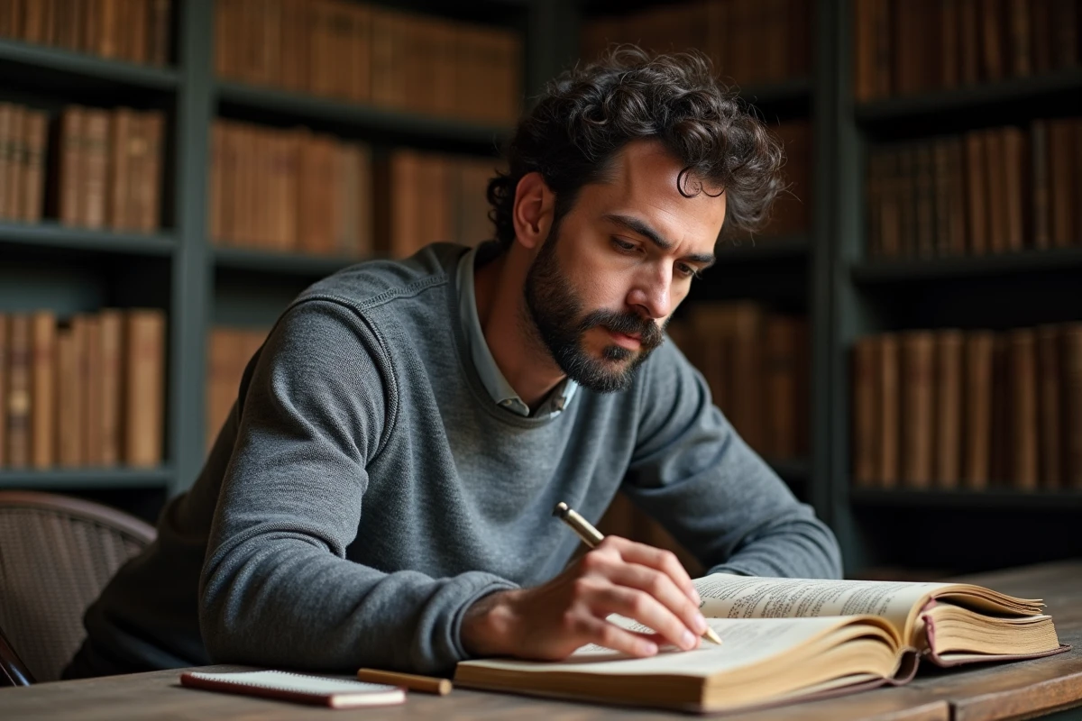Homme consultant un registre d'état civil ancien dans une salle d'archives municipales pour retrouver ses ancêtres