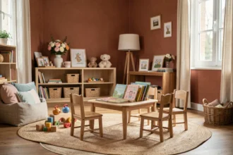 Espace d'accueil chaleureux et professionnel d'une assistante maternelle en Centre-Val de Loire avec jouets en bois et livres colorés
