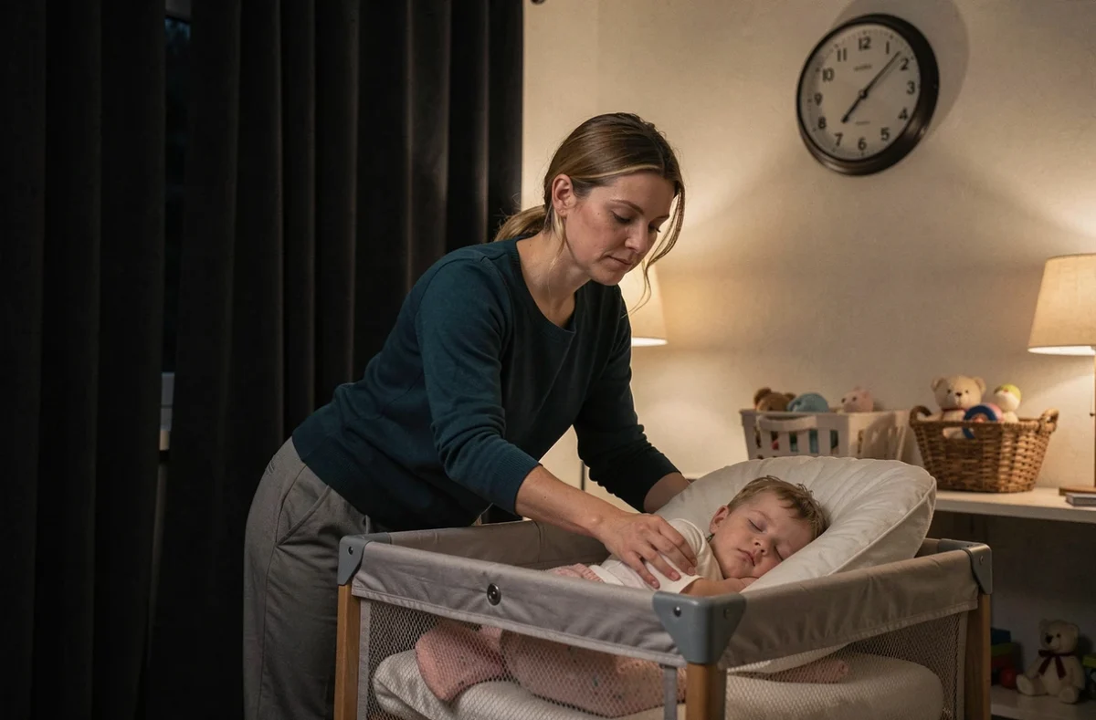 Assistante maternelle à horaires atypiques en Eure-et-Loir installant un jeune enfant pour une sieste en début de matinée dans un espace calme et aménagé