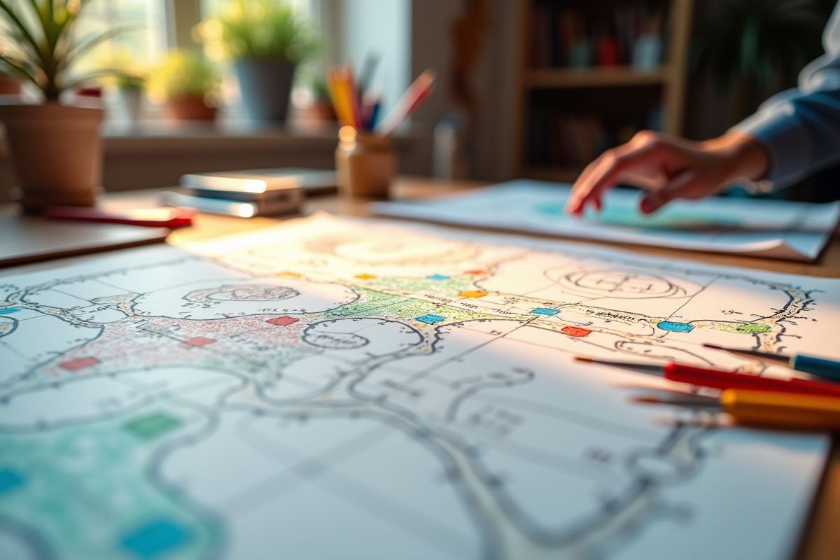 Espace de création avec croquis et outils pour concevoir un jeu de la mare