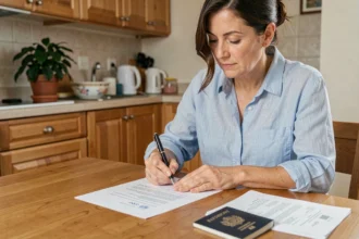 Femme rédigeant une attestation de domicile pour le passeport de son fils à la table de cuisine