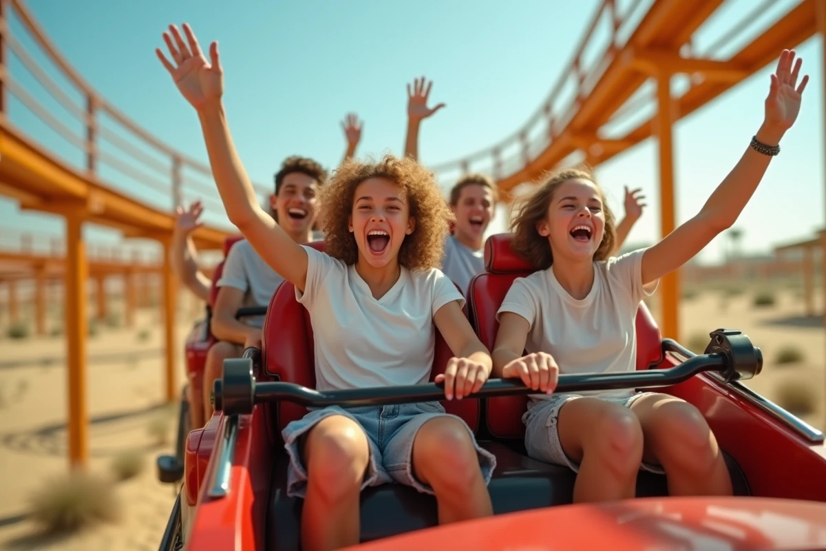 Groupe de jeunes visiteurs sur une attraction à sensations fortes de la Mer de Sable, expressions de joie et d'émerveillement pendant le trajet.