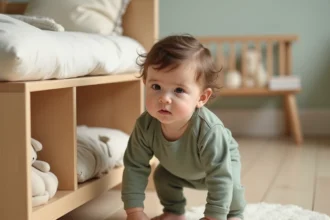 Bébé de 1 an qui se lève en s'appuyant sur une étagère en bois pour travailler son équilibre et sa motricité