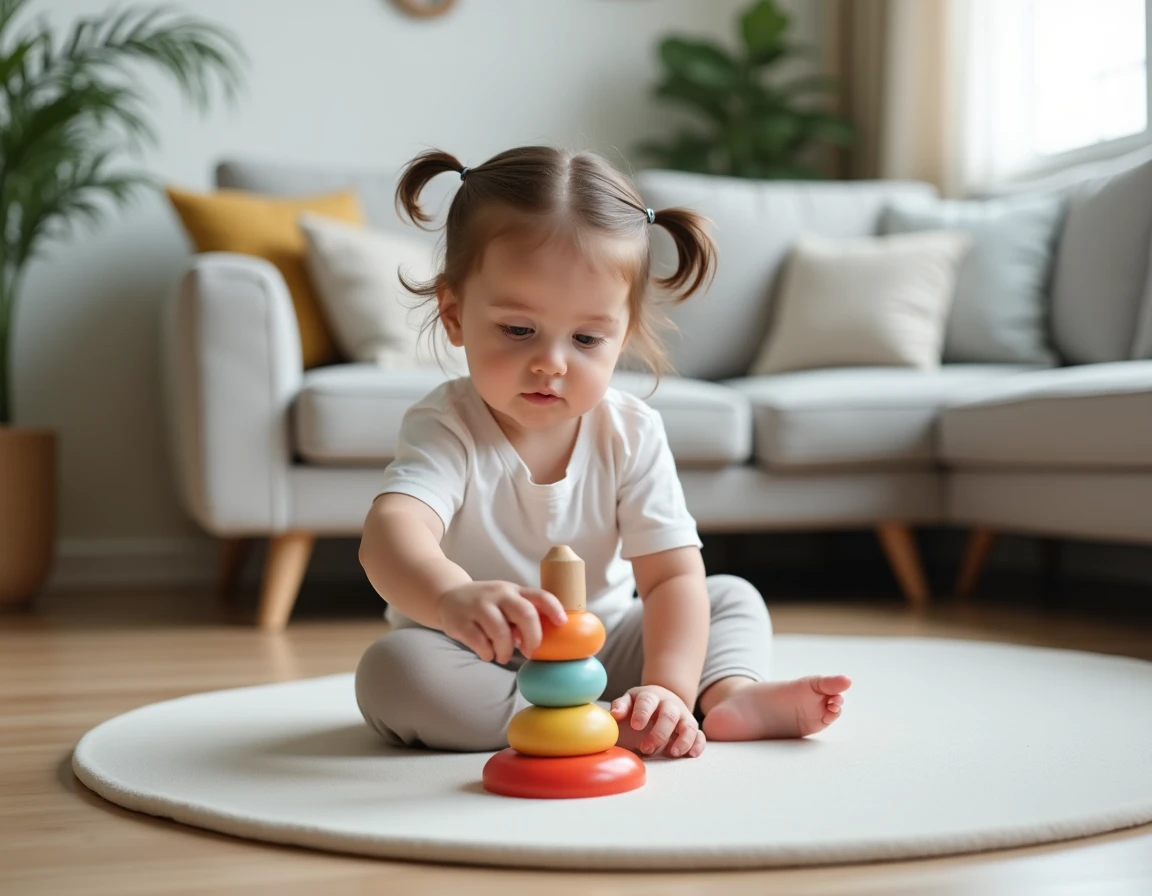 Petite fille de 1 an assise sur un tapis de jeu qui empile des anneaux en silicone pour développer sa motricité fine et son équilibre assis