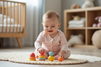 Bebe fille de 7 mois en body pastel souriant