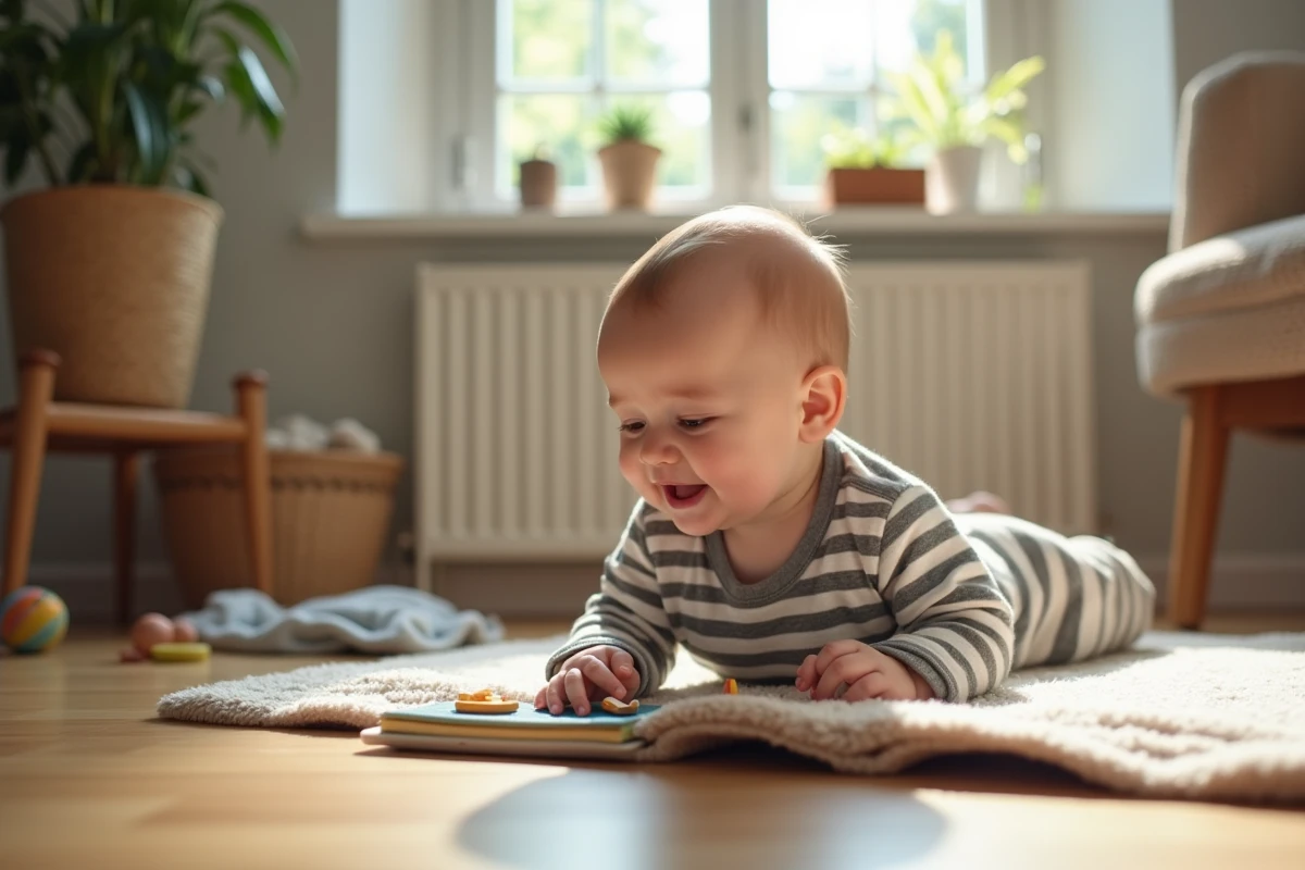Bebe garcon de 7 mois jouant avec livre sensoriel