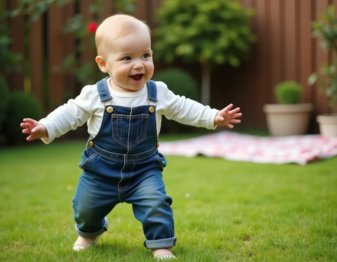 Bébé de 14 mois en salopette qui fait ses premiers pas dans le jardin, les bras écartés pour trouver son équilibre naturellement