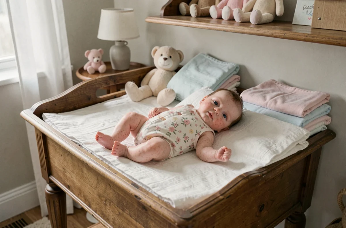 Bébé reborn aux yeux ouverts posé sur une table à langer vintage dans une chambre de bébé décorée avec des jouets en peluche et des tissus pastel