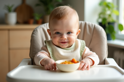 Bébé souriant dans une chaise haute moderne