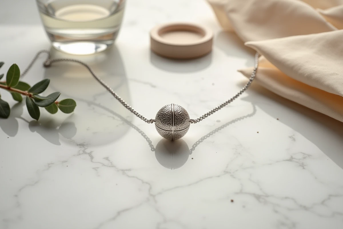 Bola de grossesse en argent posée sur marbre blanc avec décoration végétale pour offrir comme cadeau de naissance