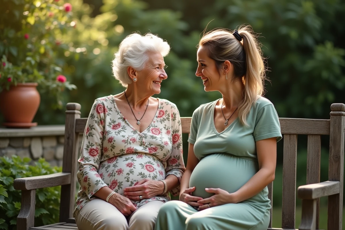 Grand-mère offrant une bola de grossesse en argent à sa fille enceinte dans un jardin fleuri, moment émouvant intergénérationnel