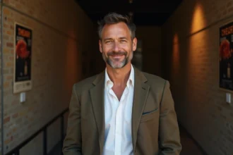 Portrait de l'humoriste Booder souriant en coulisses d'une salle de spectacle, illustrant son univers artistique personnel