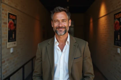 Portrait de l'humoriste Booder souriant en coulisses d'une salle de spectacle, illustrant son univers artistique personnel
