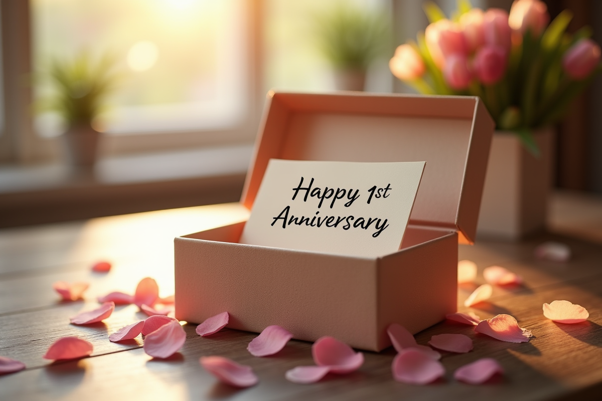 Coffret cadeau avec note et fleurs pour anniversaire de mariage