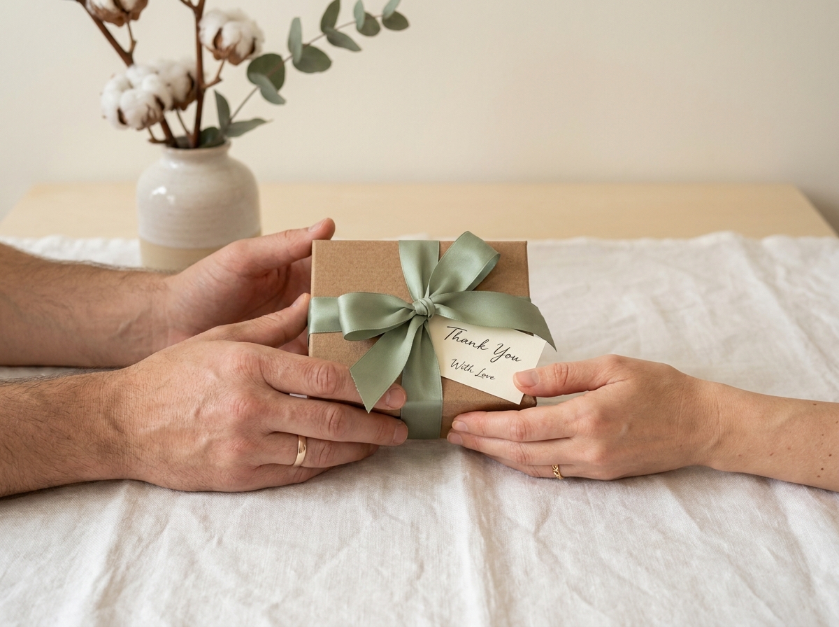 Mains de couple tenant un cadeau de naissance emballé avec un ruban vert sauge et une carte de remerciement manuscrite