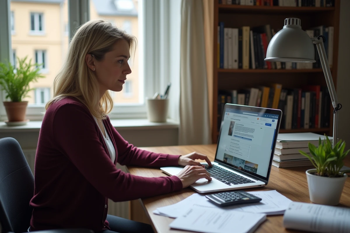 Femme calculant ses droits au RSA majoré sur un ordinateur portable avec documents administratifs dans un bureau à domicile