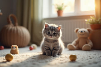 Chaton British Shorthair aux yeux expressifs dans un salon