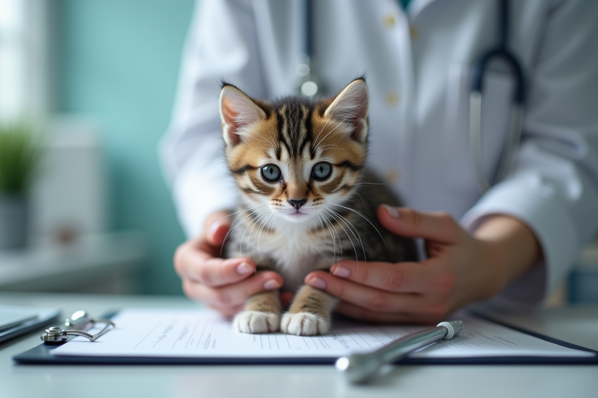 Chaton British Shorthair tenu par une main chez le vétérinaire