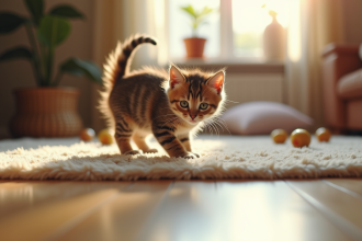 Chaton joueur dans un salon lumineux et cosy
