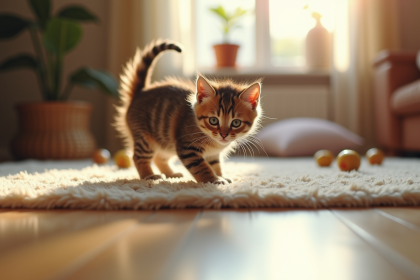 Chaton joueur dans un salon lumineux et cosy