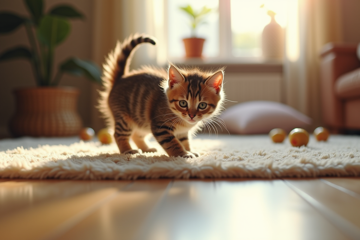 Chaton joueur dans un salon lumineux et cosy