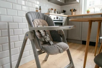 Chaise haute Chicco Polly Magic 3 en 1 dans une petite cuisine moderne pour gain de place