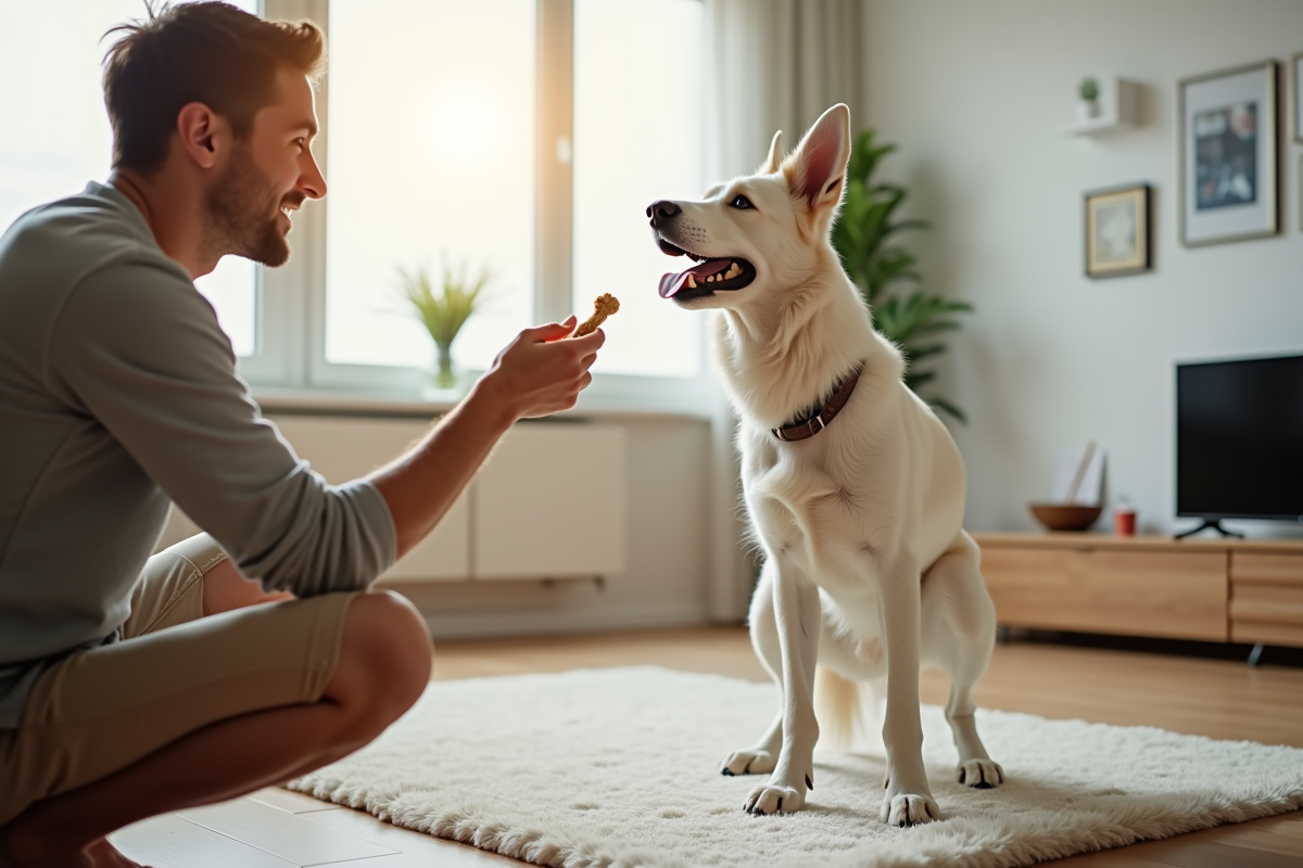 Chien berger belge blanc en entraînement dans un salon lumineux