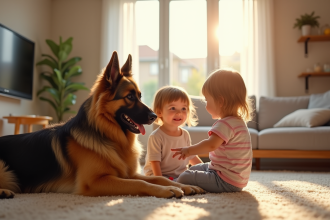 Chien berger allemand à poil long jouant avec enfants dans salon lumineux