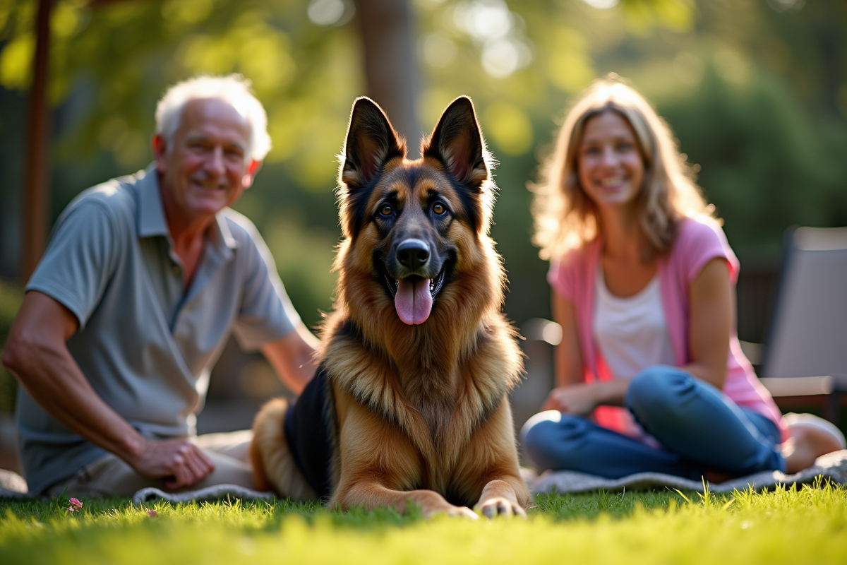 Chien berger allemand assis avec famille dans jardin ensoleille