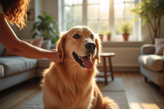 Golden retriever heureux brossé dans un salon moderne