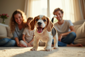Chiot Beagle Lemon jouant avec famille dans salon lumineux