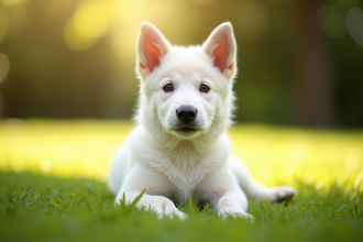 Chiot berger belge blanc assis sur l'herbe en plein soleil