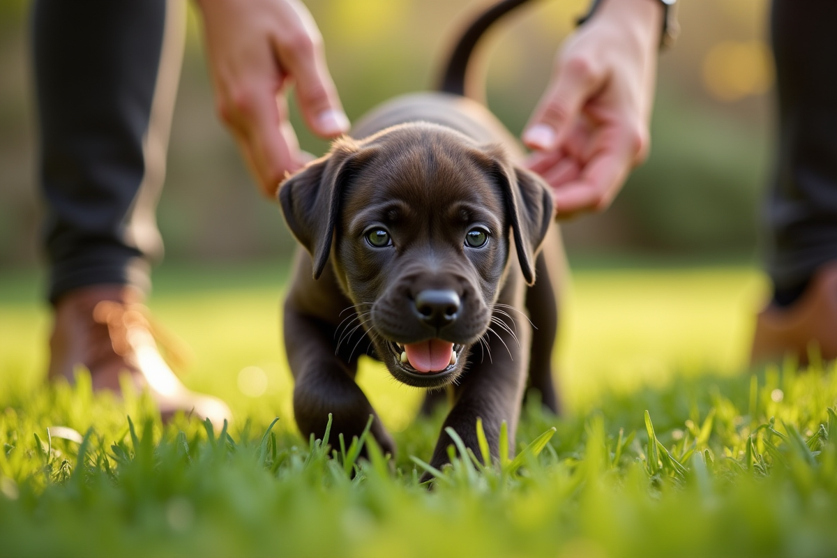 Chiot Cane Corso explorant un jardin en plein soleil