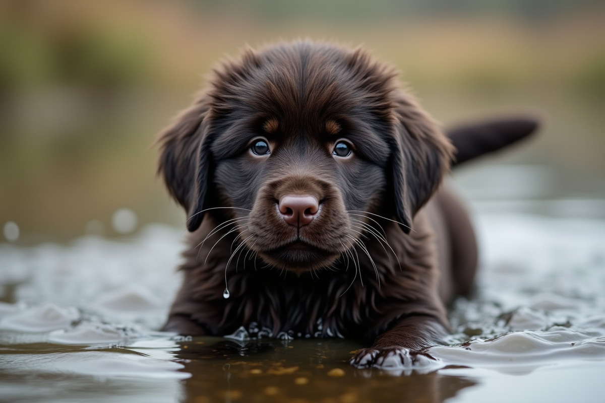 Jeune chiot Newfoundland après un bain dans l’eau