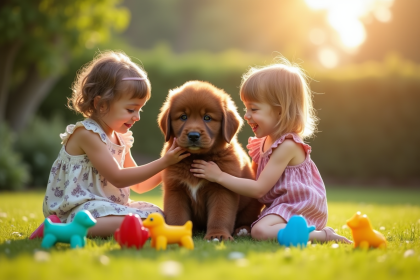 Chiot Newfoundland dans le jardin avec enfants et jouets